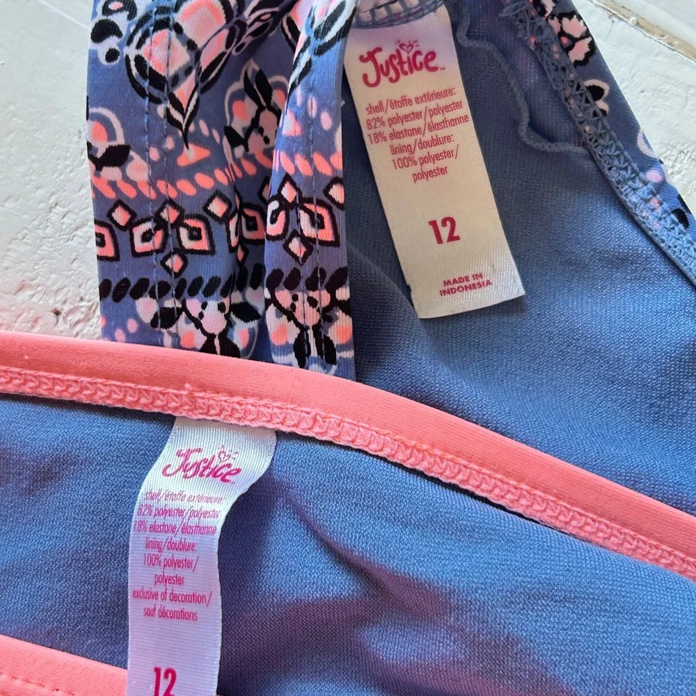 Justice Girls Size‎ 12 High Neck Bikini Set Blue Pink Geometric Medallion Print